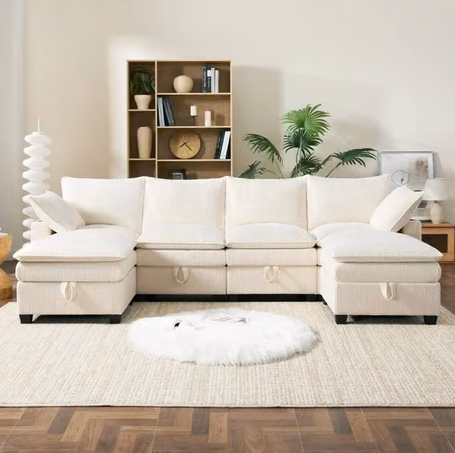 Divano L 280x152x83 cm in corduroy beige, con vani contenitore, per piccoli spazi –