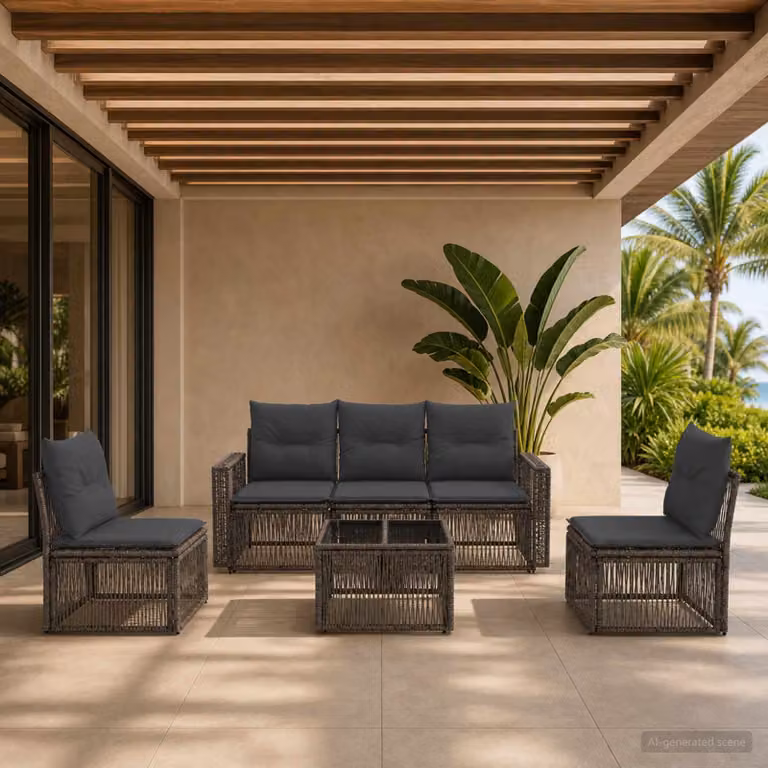 Set Divano da Giardino vidaXL 6 Pezzi con Tavolino e Cuscini, Polyrattan e Metallo, Grigio e Antracite
