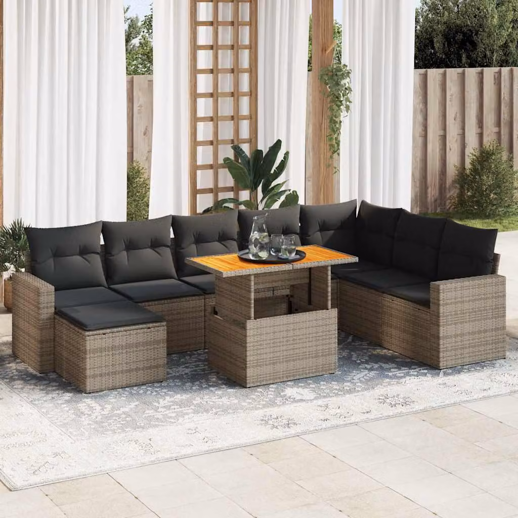 Set Divano da Giardino vidaXL 9 pz a Forma a L con Cuscini Grigio in Polyrattan e Acciaio