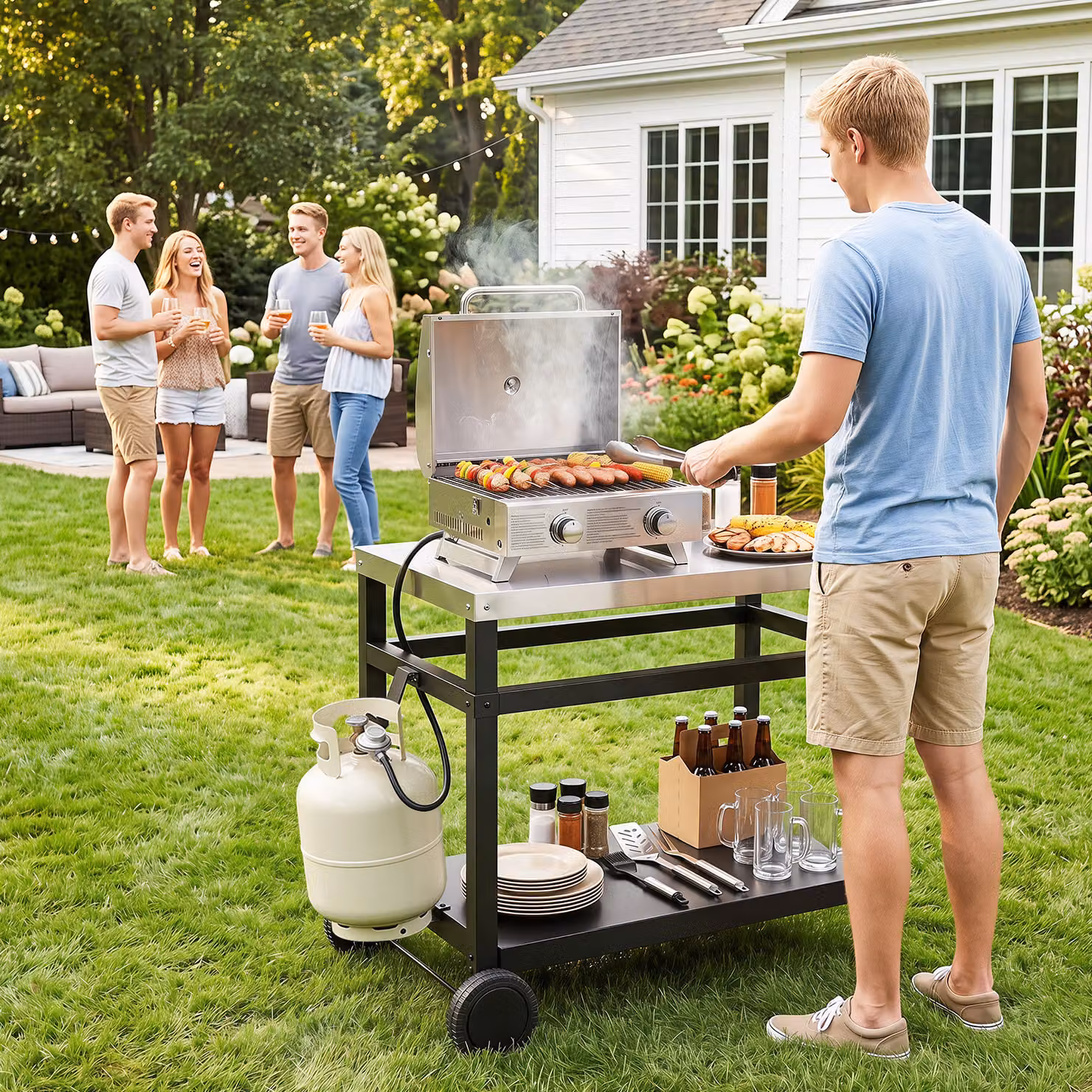 Carrello da barbecue Costway con 2 ripiani in acciaio inossidabile e ruote, colore nero
