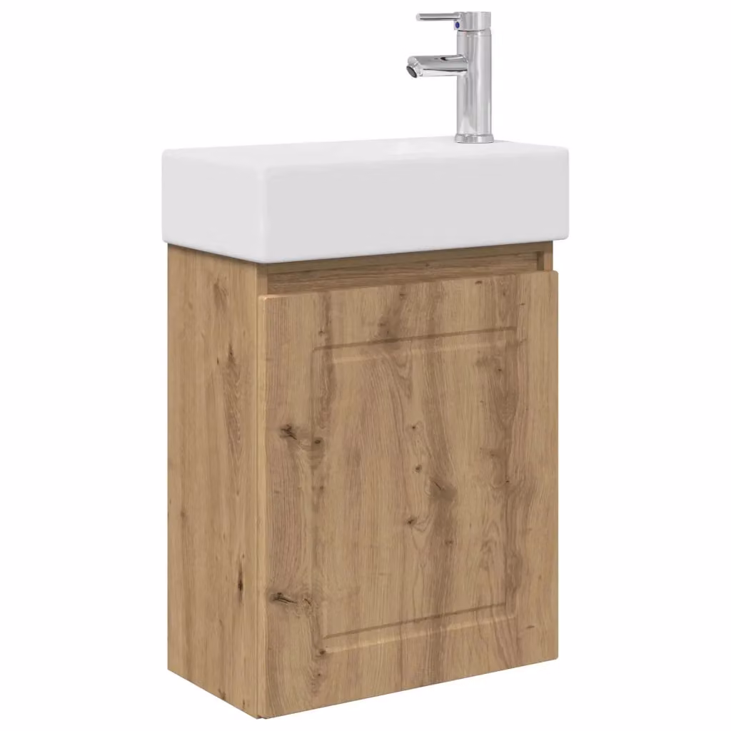 Mobile bagno moderno vidaXL in legno rovere con lavabo in ceramica bianco e marrone, sospeso, con ante a battente – 2