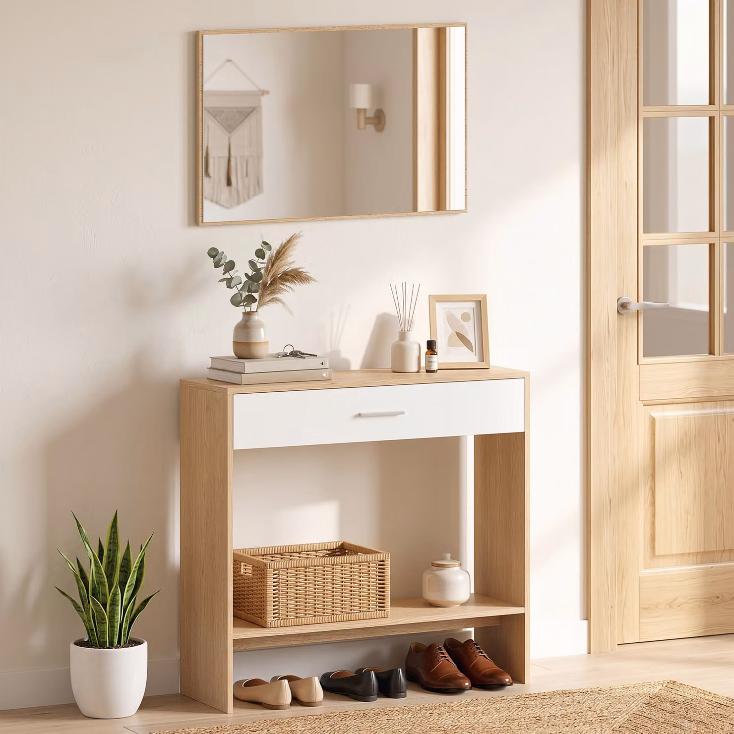 Consolle HOMCOM con specchio, design moderno con cassetto e ripiano, colore rovere, L 91,5 x P 27,9 x H 85,5 cm – 2