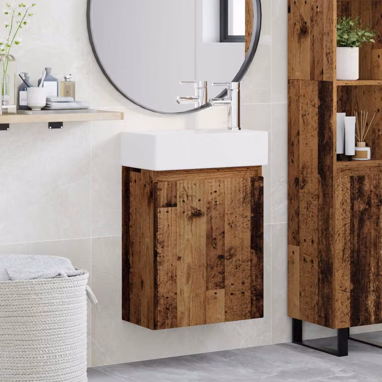 Mobile bagno con rubinetto vidaXL in legno antico, L: 45,5 cm, P: 22,5 cm, H: 84 cm