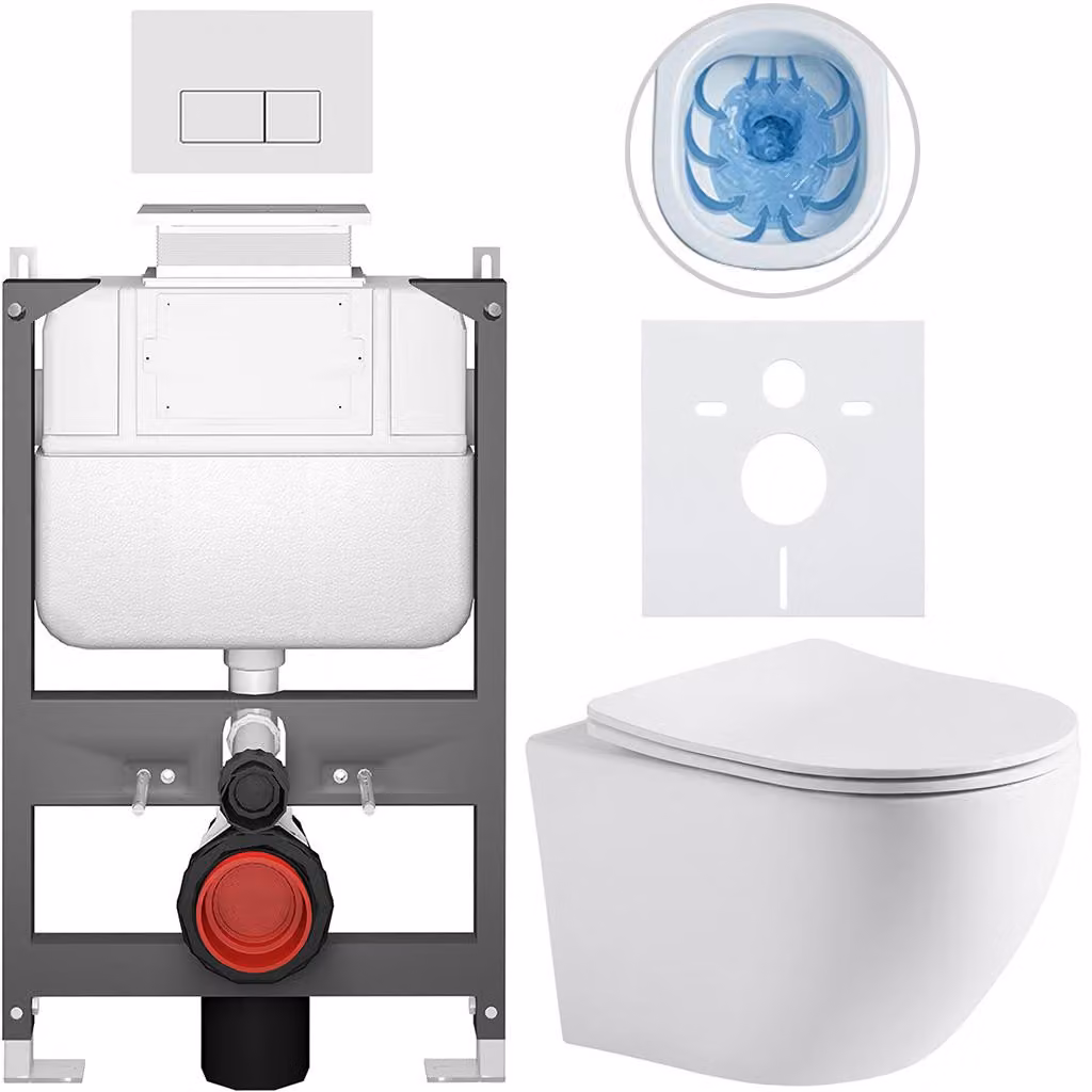 Set completo per WC sospeso "Cesso" - bianco opaco - pulsante Prime/Modulo, bianco - comando superiore - installazione a parete/cartongesso - 49x36 cm