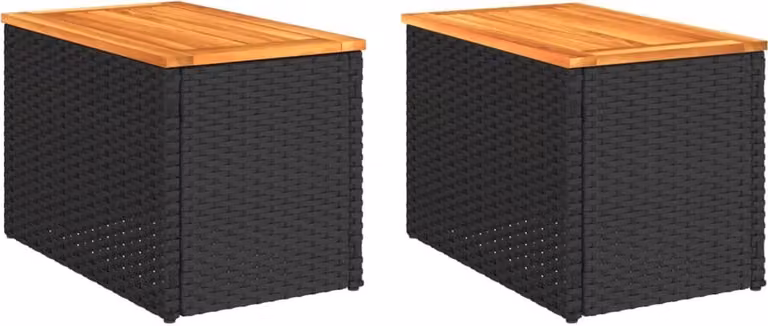 Tavolini Giardino 2pz Neri 55x34x37cm Polyrattan Legno Massello