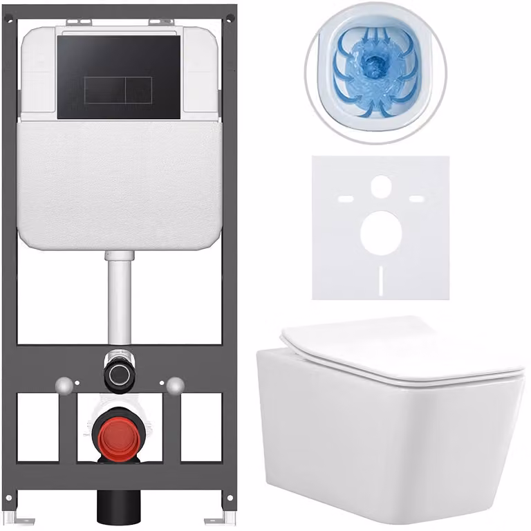 CERANO - Set WC da incasso Forte - bianco lucido - pulsante Prime/Modulo, nero - sospeso - installazione pre-parete/cartongesso - 51x36 cm