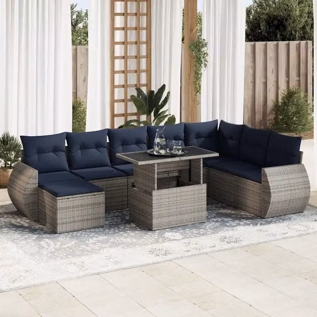 Set Divani Giardino 9 pz con Cuscini Polyrattan Acacia Grigio 3326692