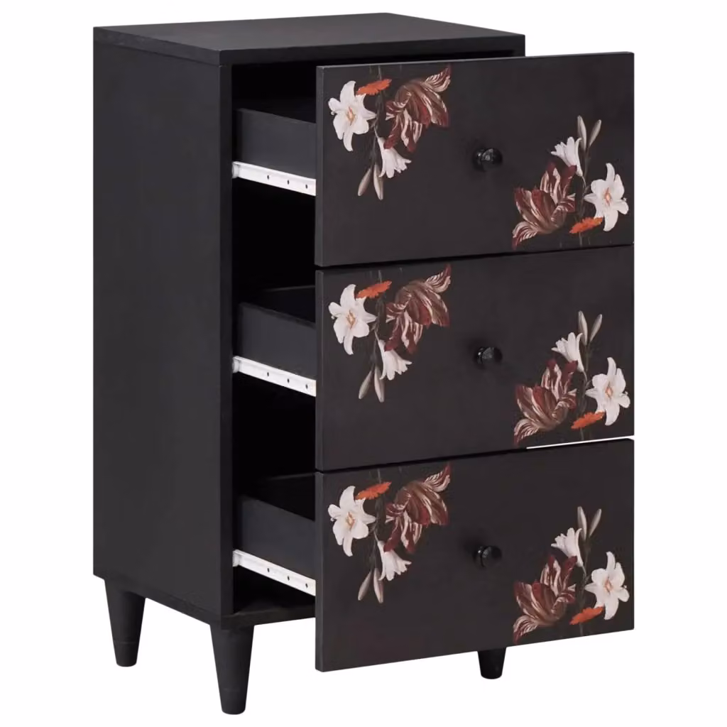 Mobile contenitore moderno in legno di mango con motivo floreale multicolore e nero per soggiorno L: 40 cm, P: 33,5 cm, H: 75 cm – 2