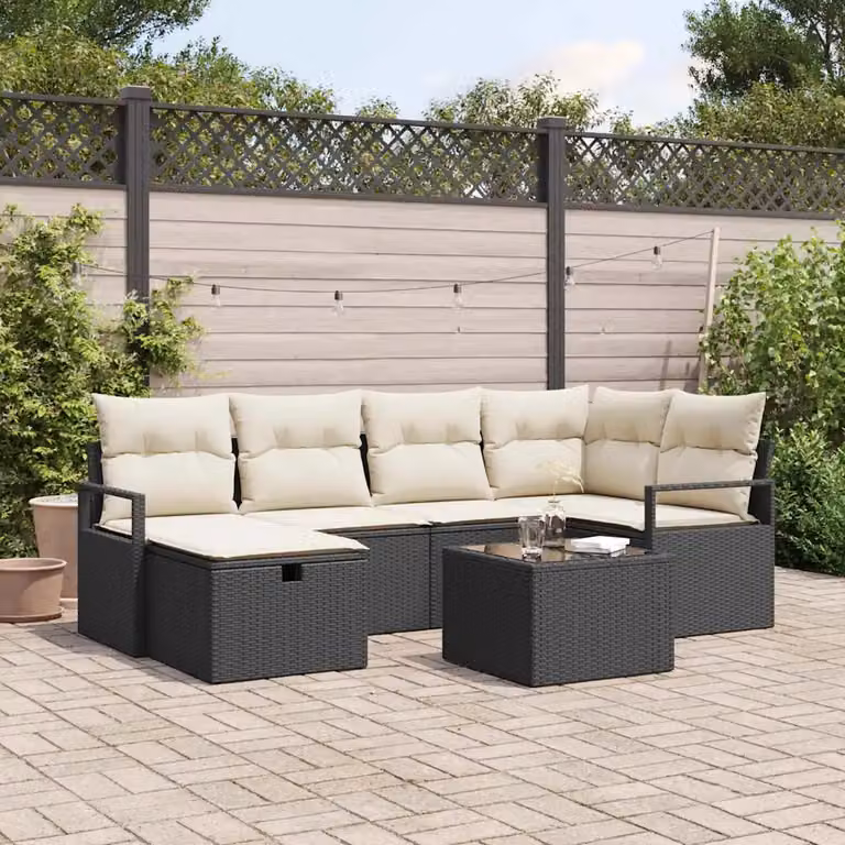 Set di divani da giardino vidaXL a forma di U composto da 7 pezzi con cuscini, colore nero e beige, in rattan e metallo