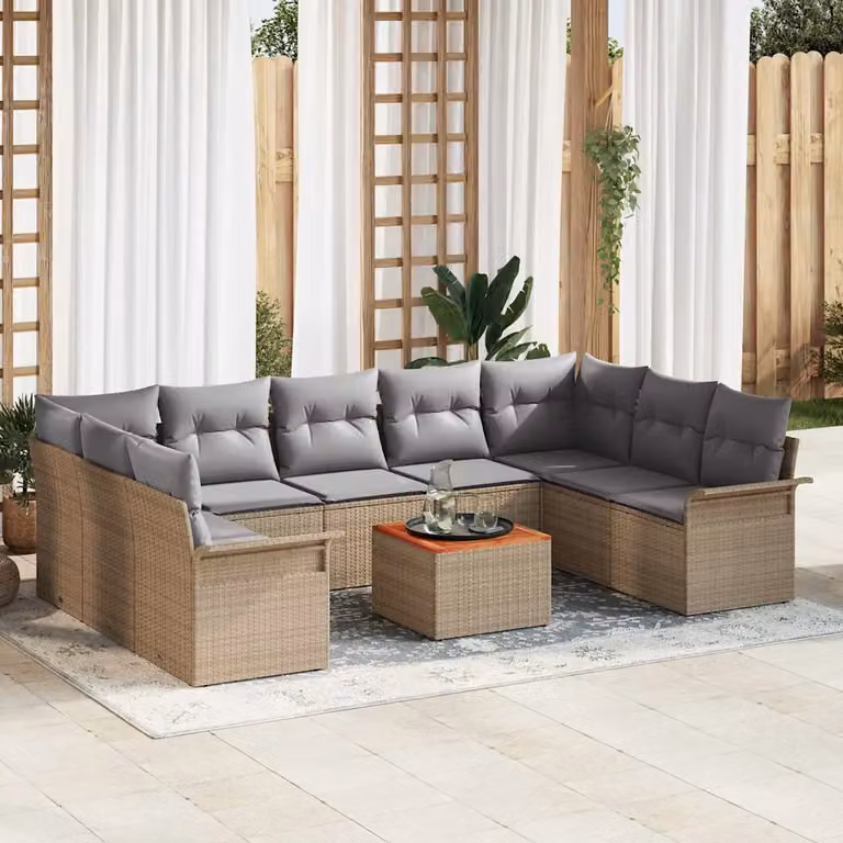 Set Divano da Giardino vidaXL a Forma di L in Polyrattan Beige con Cuscini e Tavolino da Esterno