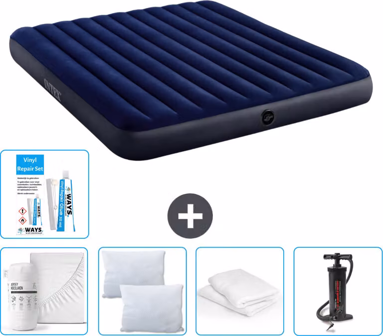 Letto gonfiabile Intex - 2 persone - 183 x 203 x 25 cm - blu - lenzuolo incluso - bacio - pompa - set di riparazione e protezione per cuscini