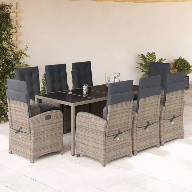 Set da Pranzo da Giardino vidaXL in Polyrattan Grigio con Tavolo in Vetro e 9 Sedute