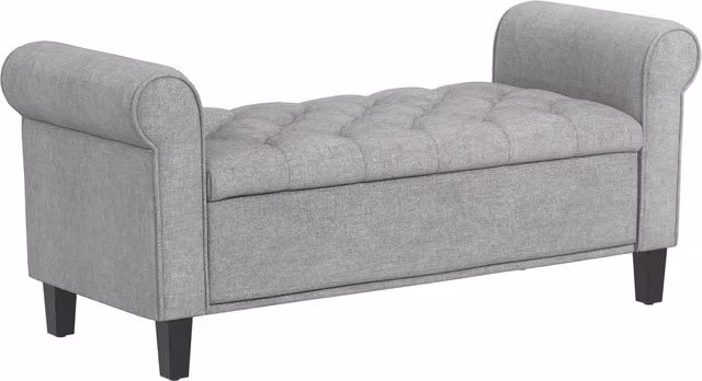 Panca Fondo Letto 126x48,5x57 cm con Contenitore e Braccioli Arrotolati in Tessuto Effetto Velluto Grigio Chiaro