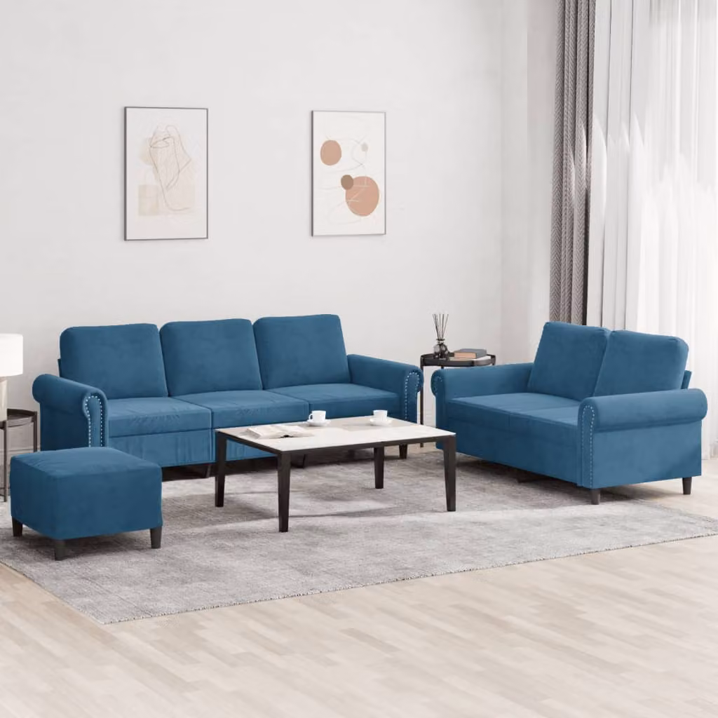 Set di divani vidaXL in velluto blu con pouf e cuscini per soggiorno – 1