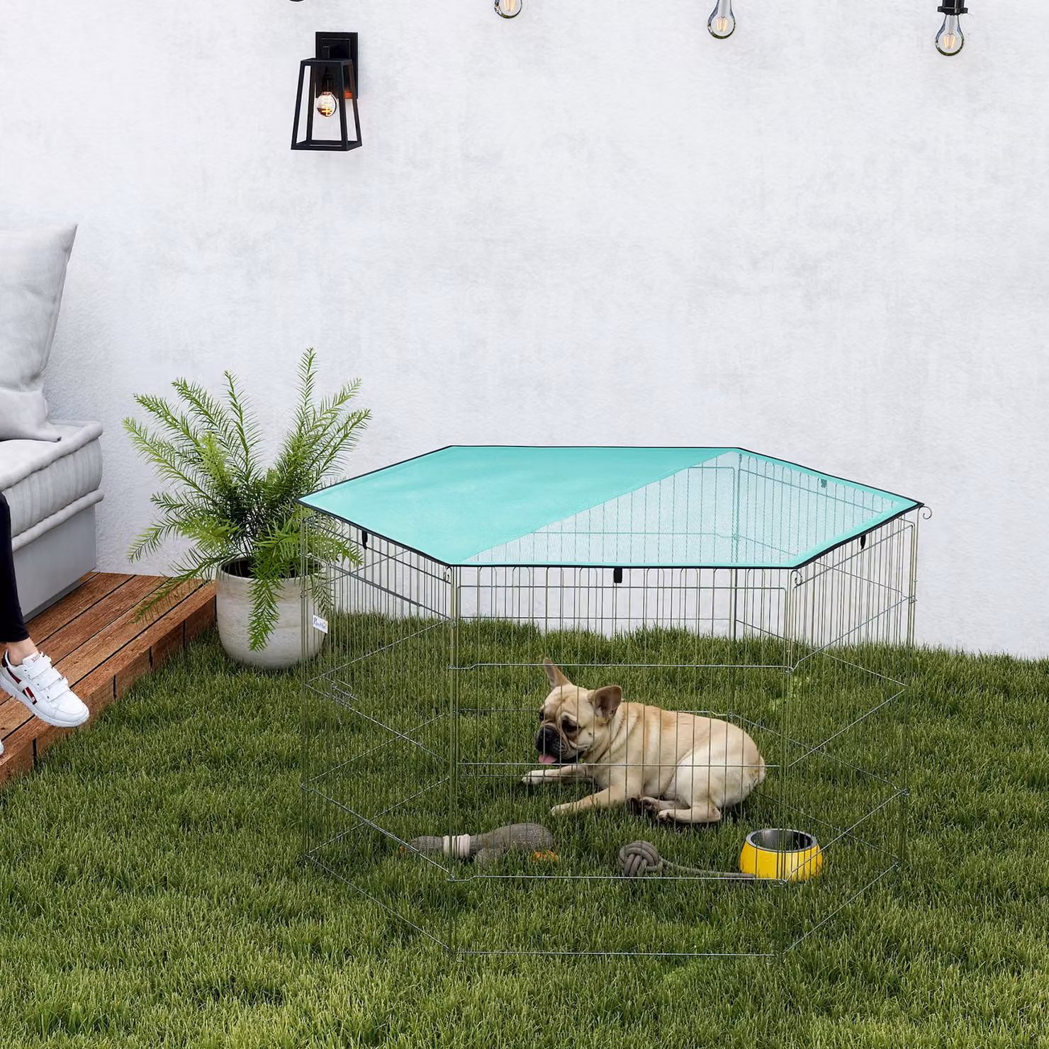 Recinto per cani PawHut modulabile e pieghevole con 6 pannelli e tetto, colore argento e verde, Altezza: 76 cm – 2
