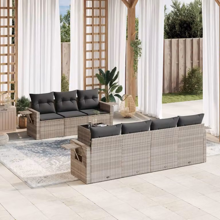 Set Divano da Giardino 8pz vidaXL in Polyrattan con Cuscini Grigio Chiaro e Tavolino da Esterno