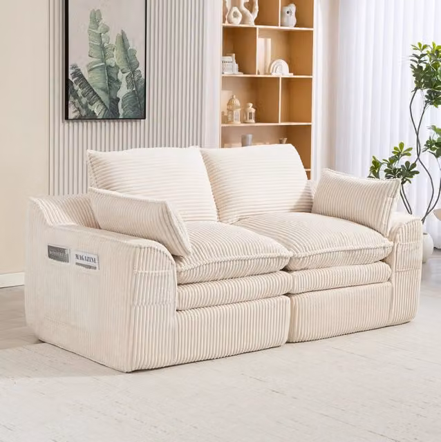 Divano 2 posti ULEVR 191x94x85 cm in velluto a coste beige, con cuscini e tasche laterali