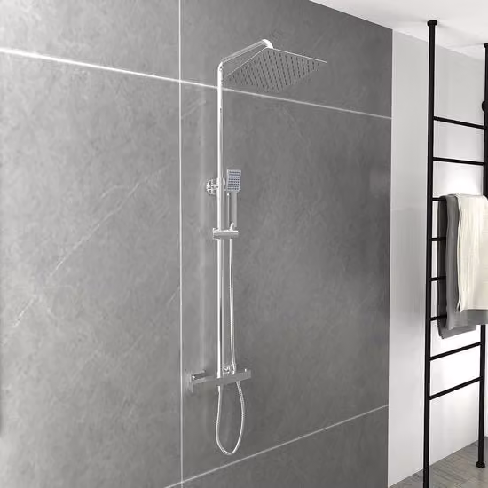 Sistema douchi in acciaio inox 304 con termostato, risparmia acqua, doppia doccia con manigliona e doccia a testa T, forma rettangolare