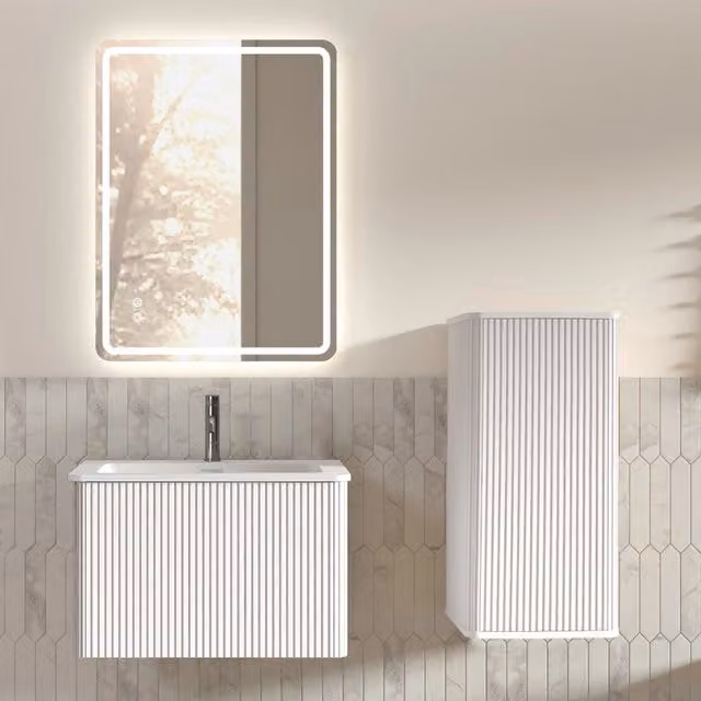 Set mobili bagno con specchio e lavabo ¨C Minimal ¨C bianco, sospeso, 60cm, in legno multistrato