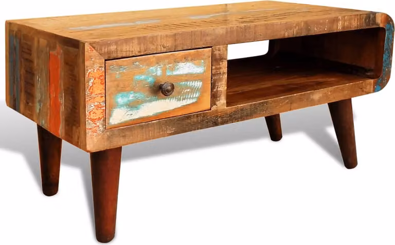 Tavolino con lato arrotondato e 1 cassetto in legno di recupero