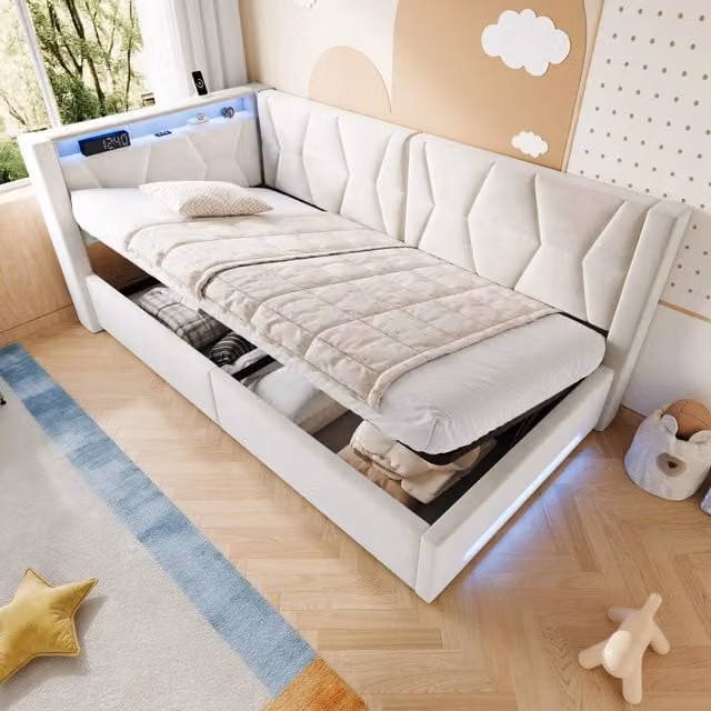Letto contenitore REDOM imbottito in velluto beige con illuminazione LED e porte USB e Type-C, L/P/H: 90 x 200 cm
