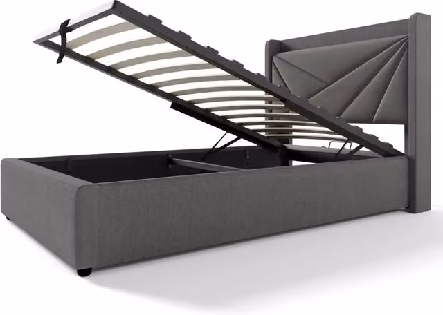 Letto singolo con contenitore, testiera con ricarica USB Tipo C, struttura in lino 90x200 cm con rete a doghe (senza materasso)