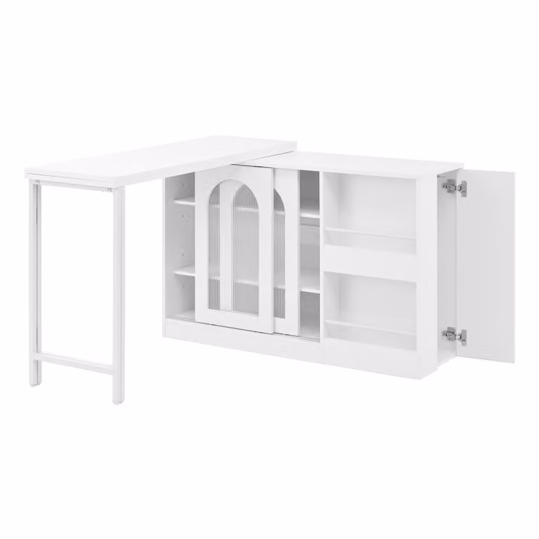 Tavolino da bar, allungabile, girevole a 360°, con vano portaoggetti, tavolino da bar reversibile con ante in vetro, tavolino da bar per cucina o angolo caffè, bianco, bianco, MDF