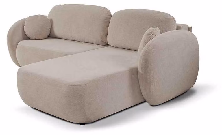 Divano angolare con funzione letto, modello Olemo, lato destro, rivestito in tessuto color noce e beige