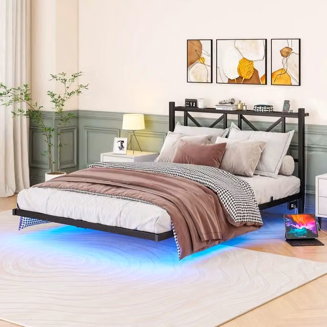 Letto matrimoniale a piattaforma 140 × 200 cm con testiera LED e stazione di ricarica in metallo nero