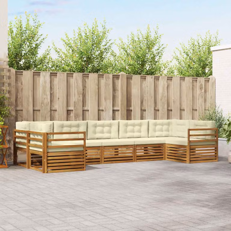 Set di divani da esterno vidaXL a forma di L composto da 7 pezzi in legno di acacia trattato con cuscini beige e bianchi