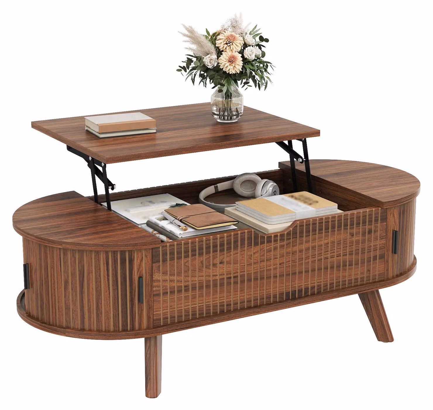 Tavolino ovale Moonbite con piano sollevabile, 110 cm, tavolino da soggiorno con spazio contenitivo nascosto e 2 ante scorrevoli, frontale scanalato, pannello in MDF, finitura noce