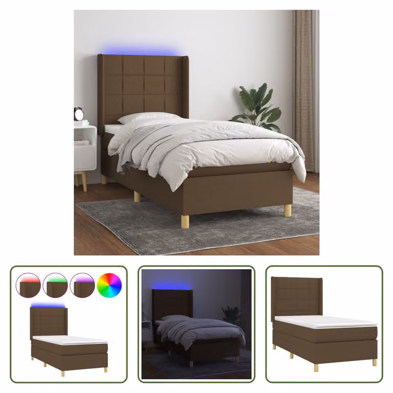 The Living Store Letto a molle con materasso e LED in tessuto marrone scuro 90x190 cm