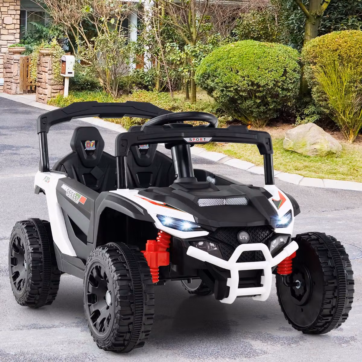Auto elettrica 12V Costway per bambini, UTV fuoristrada con telecomando, luci LED e sospensioni, Bianco