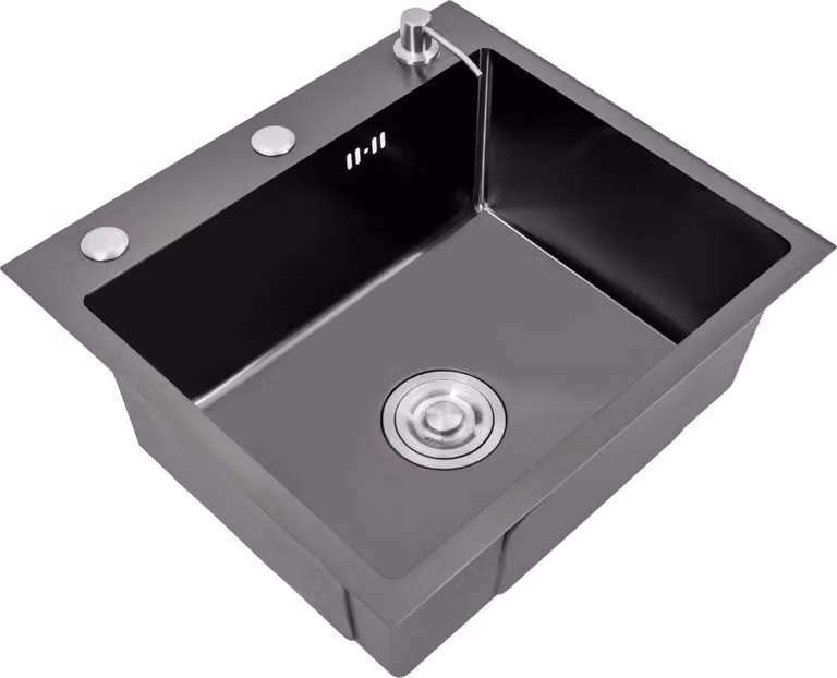 Lavello da cucina - Vasca singola - Acciaio inossidabile 304 - 50 x 45 cm, profondità 20 cm - Lavello da appoggio/da incasso - Con rubinetto e dispenser per sapone - Nero opaco