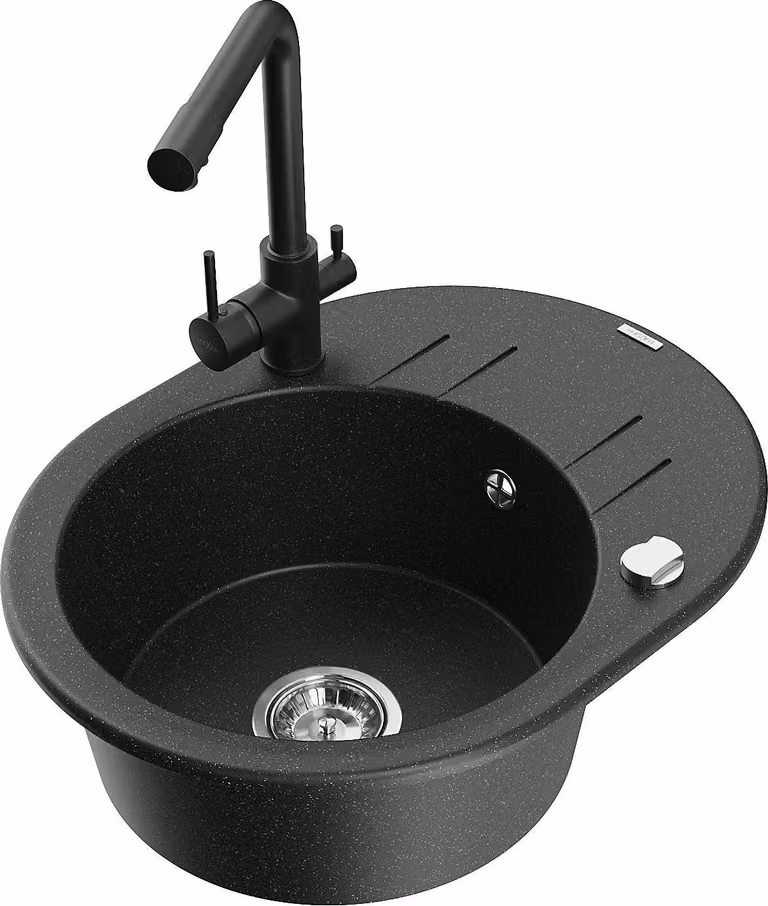 Mexen Kevin lavello in granito a 1 vasca con sgocciolatoio e rubinetto cucina Duero, nero/argento metallizzato