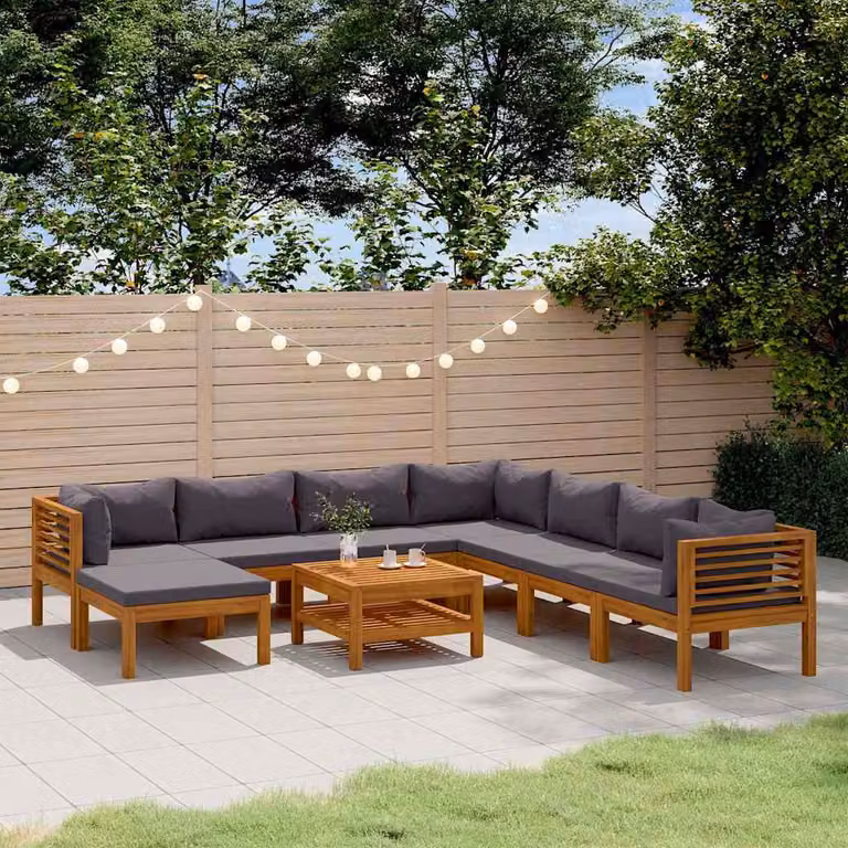vidaXL Set Divani da Giardino 9 pz a Forma a L in Legno di Acacia con Cuscini Grigi e Tavolino da Esterno