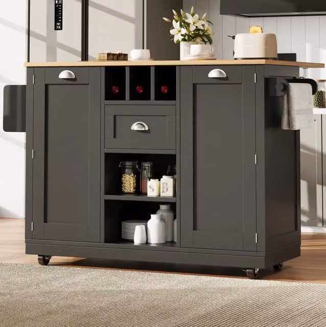 Carrello da cucina nero con piano pieghevole e portabottiglie