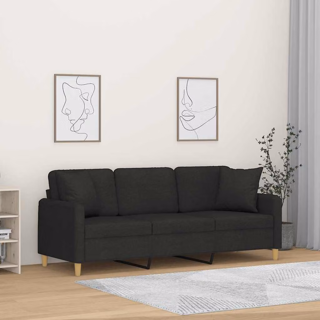 vidaXL Divano a 3 Posti Moderno in Tessuto Nero con Cuscini e Struttura in Metallo L: 198 cm, P: 80 cm, H: 77 cm – 1