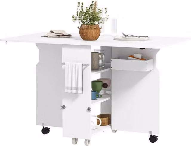 Tavolo a Ribalta Pieghevole Salvaspazio in MDF con Ripiani a 3 Livelli Box e Rotelle per Cucina e Casa 130x80x76.5 cm Bianco