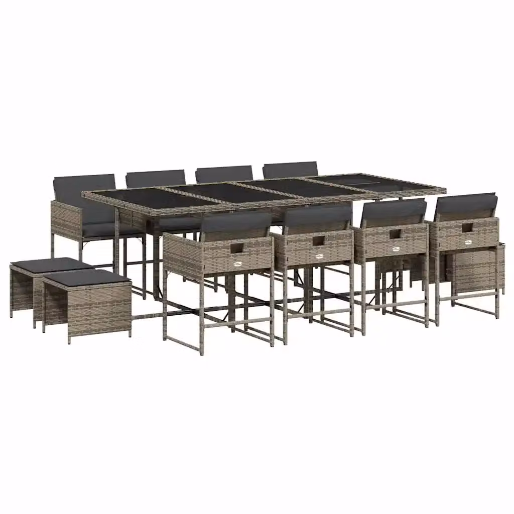 Set da Pranzo da Giardino vidaXL in Polyrattan con Cuscini e Tavolo in Vetro, 13 Pezzi, Grigio e Nero – 2