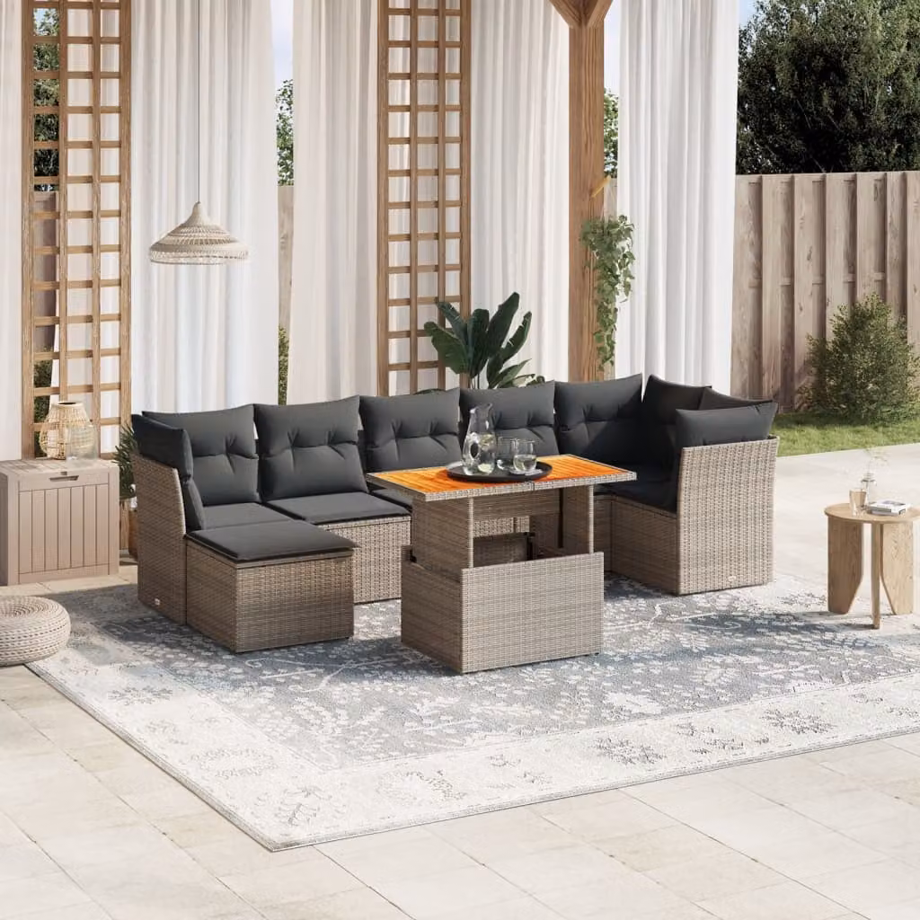 vidaXL Set Divano da Giardino 8 pz in Polyrattan Grigio con Cuscini e Tavolino – 1