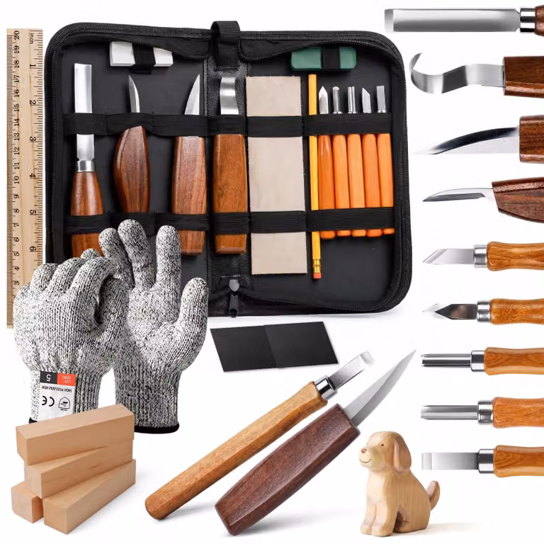 Set per intaglio del legno, composto da 23 pezzi, ideale per principianti, completo di coltelli e accessori
