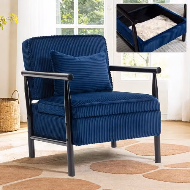 Poltrona relax OKWISH in velluto blu con vano contenitore, cuscino lombare e struttura in legno L: 70,5 cm, P: 62 cm, H: 33 cm