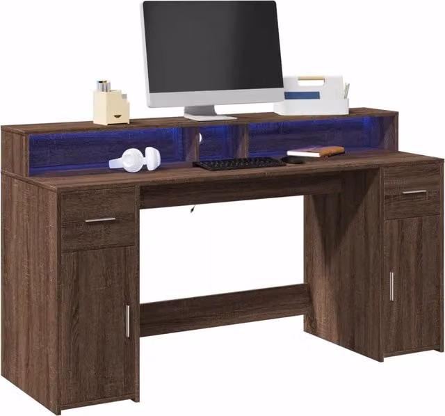 Scrivania Gaming moderna vidaXL in legno color rovere marrone con luci LED L: 160 cm, P: 55 cm, H: 91 cm – 1