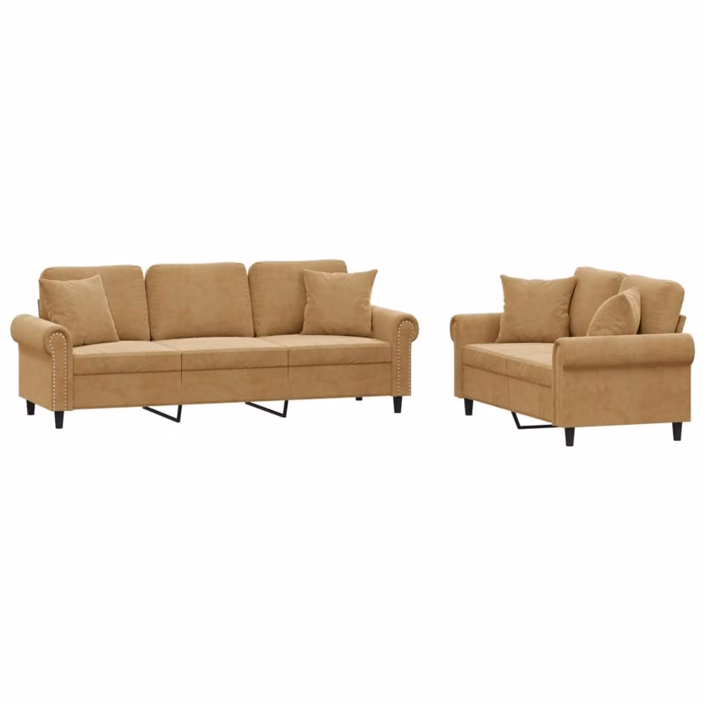 set divano 2 pezzi con cuscini in velluto marrone