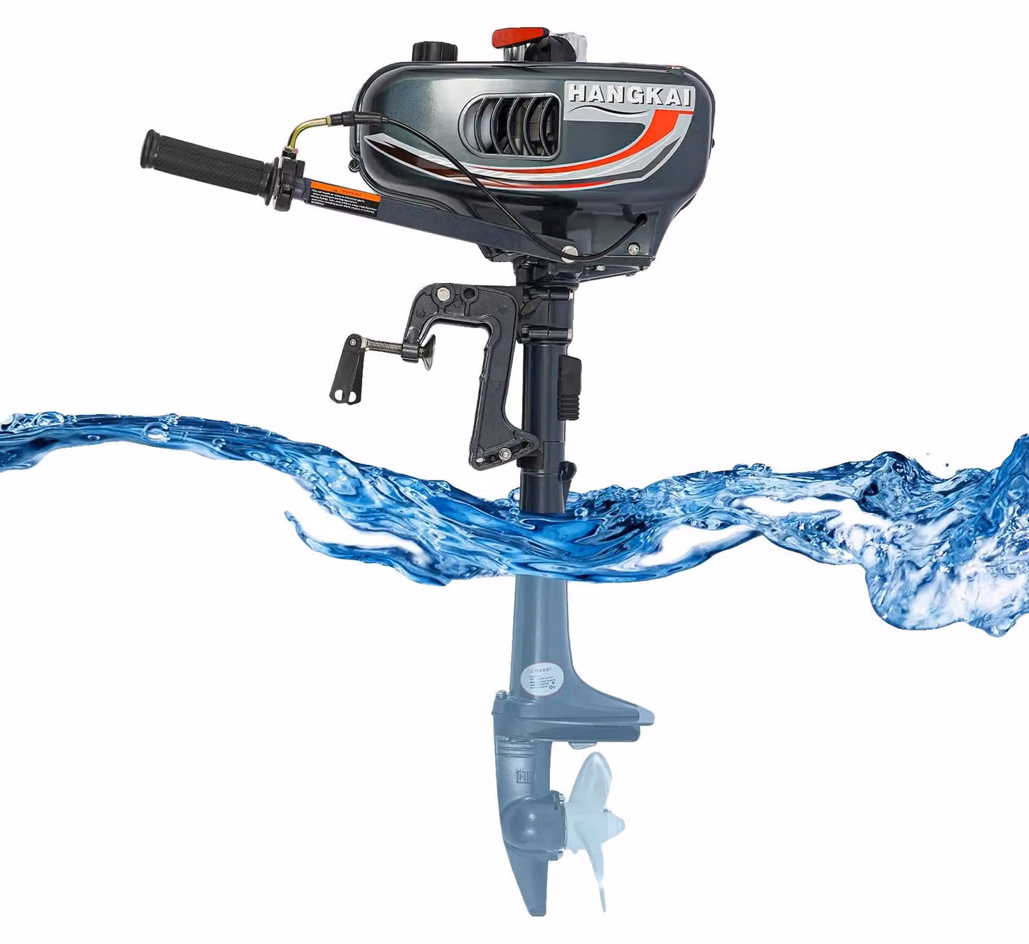 Motore fuoribordo, motore a 2 tempi, cilindrata 49cc, potenza massima 2,5 kW, capacità serbatoio carburante 1,3 litri, velocità massima 4000-5000 giri/min