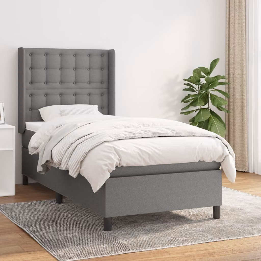 The Living Store Letto a molle con materasso grigio scuro 100x200 cm in tessuto