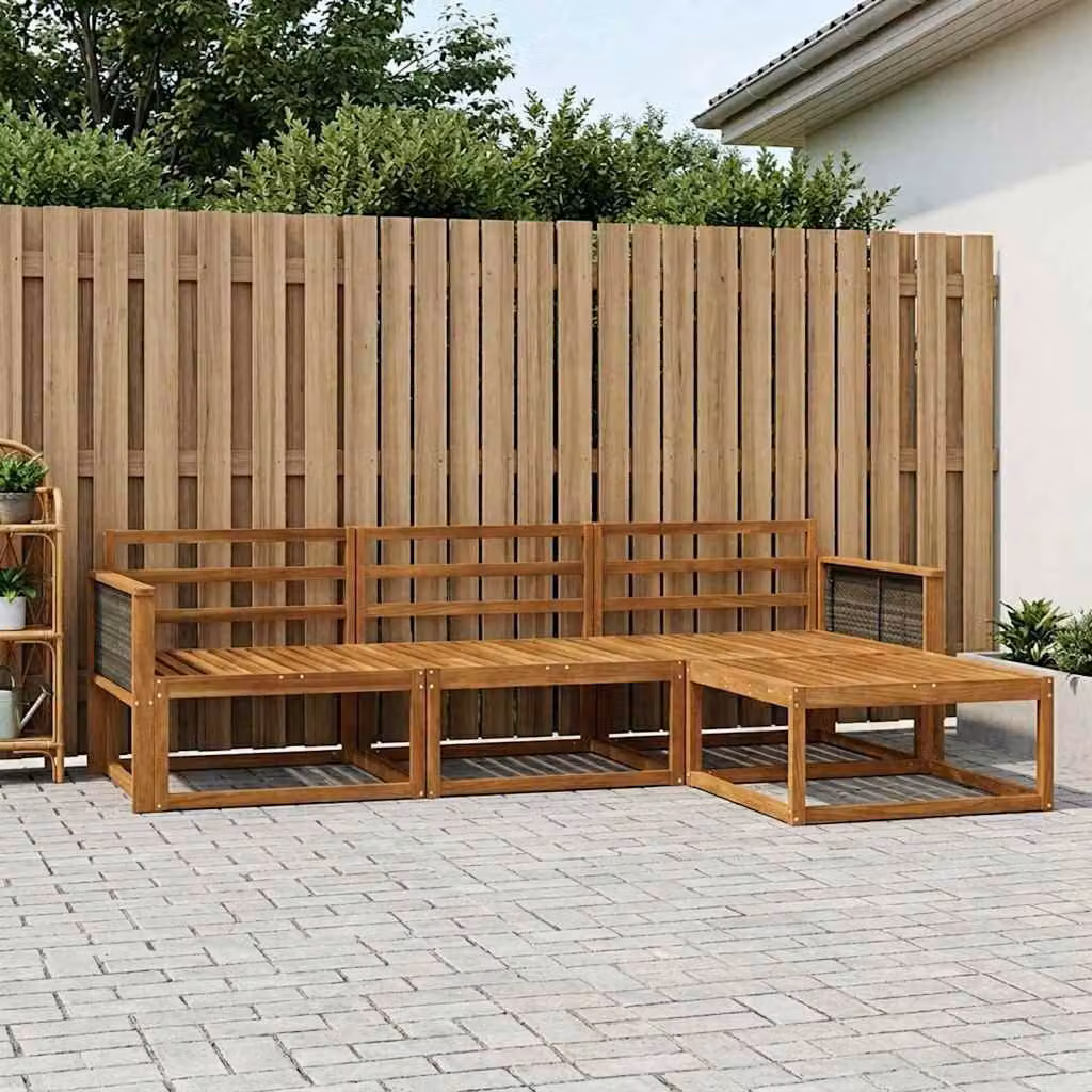 Set di divani da esterno vidaXL a forma di L in legno di acacia massello marrone con pouf e cuscini inclusi