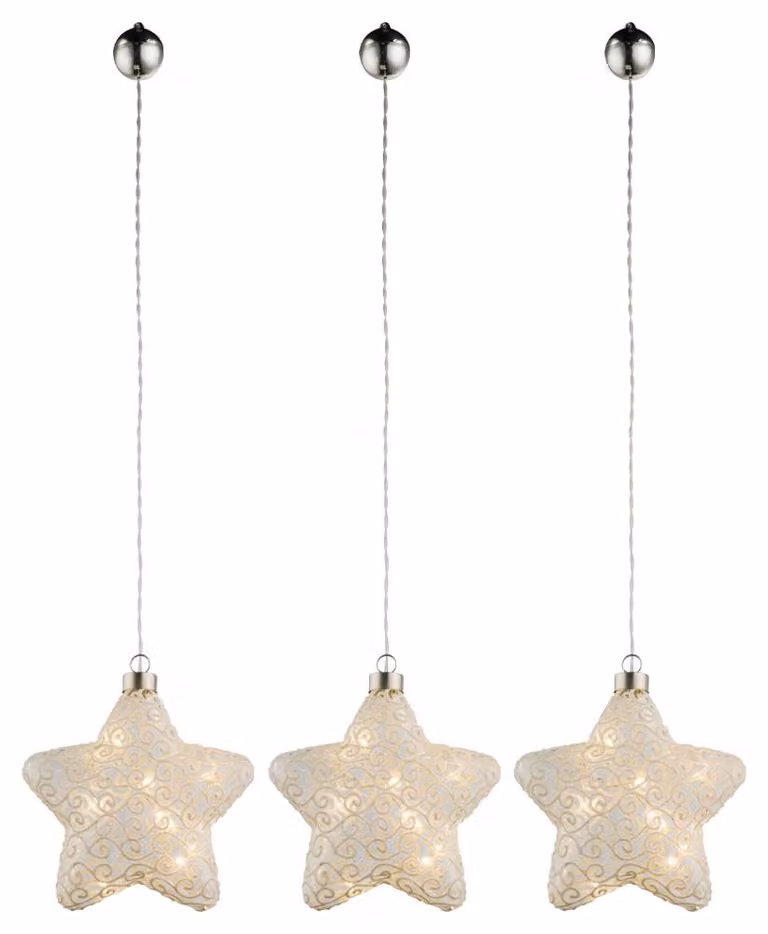 set di 3 stelle LED, lampada a sospensione, vetro bianco, L15 cm