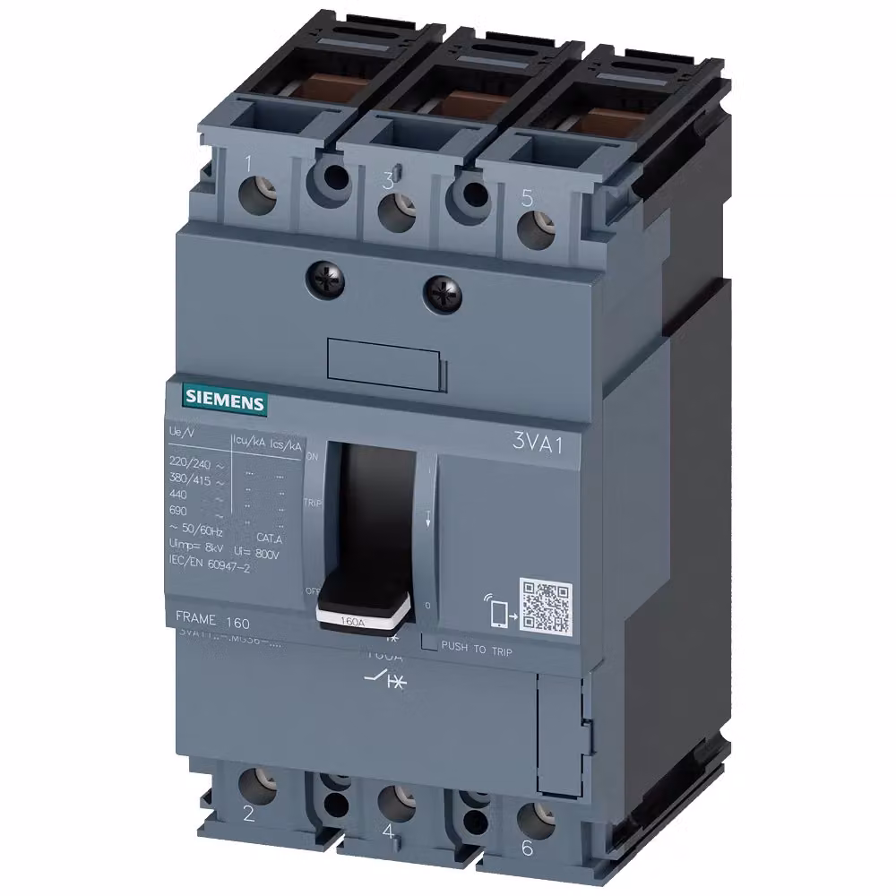 Interruttore di potenza Siemens 3VA1, telaio IEC 160, classe di capacità di interruzione H, Icu=70 kA a 415 V, 3VA11046MG360AA0